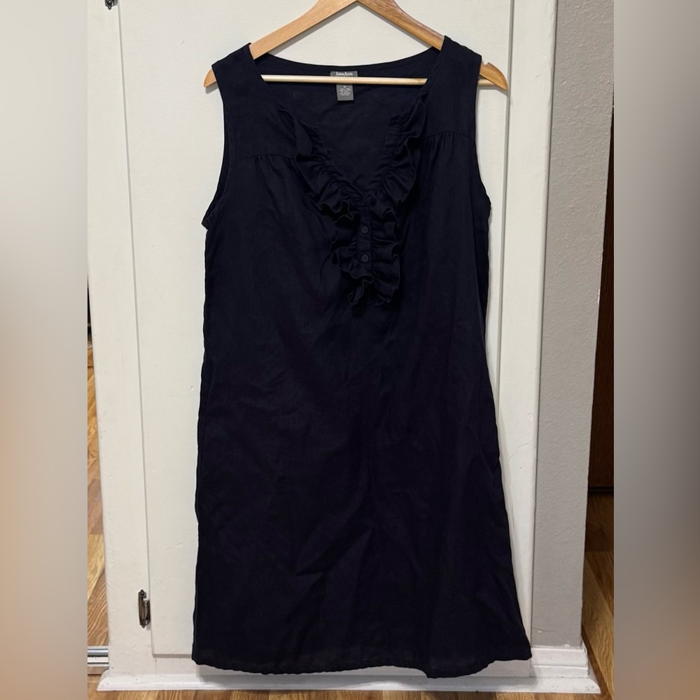 Neiman Marcus Women’s Size M Navy Blue Linen dress sleeveless knee ruffle